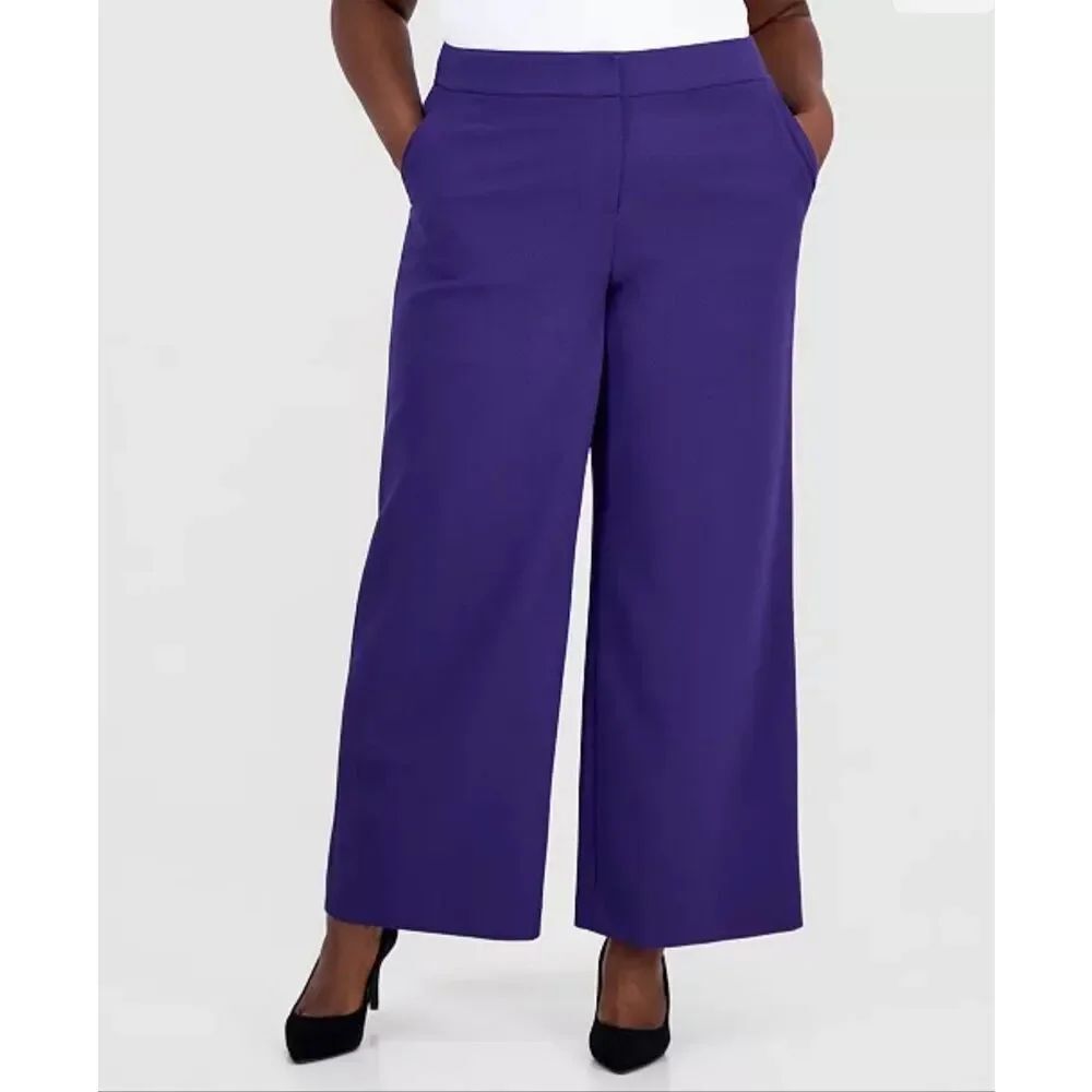 Tahari ASL Mid-Rise Wide-Leg Career Darted Dress Pants Regal Purple 16W